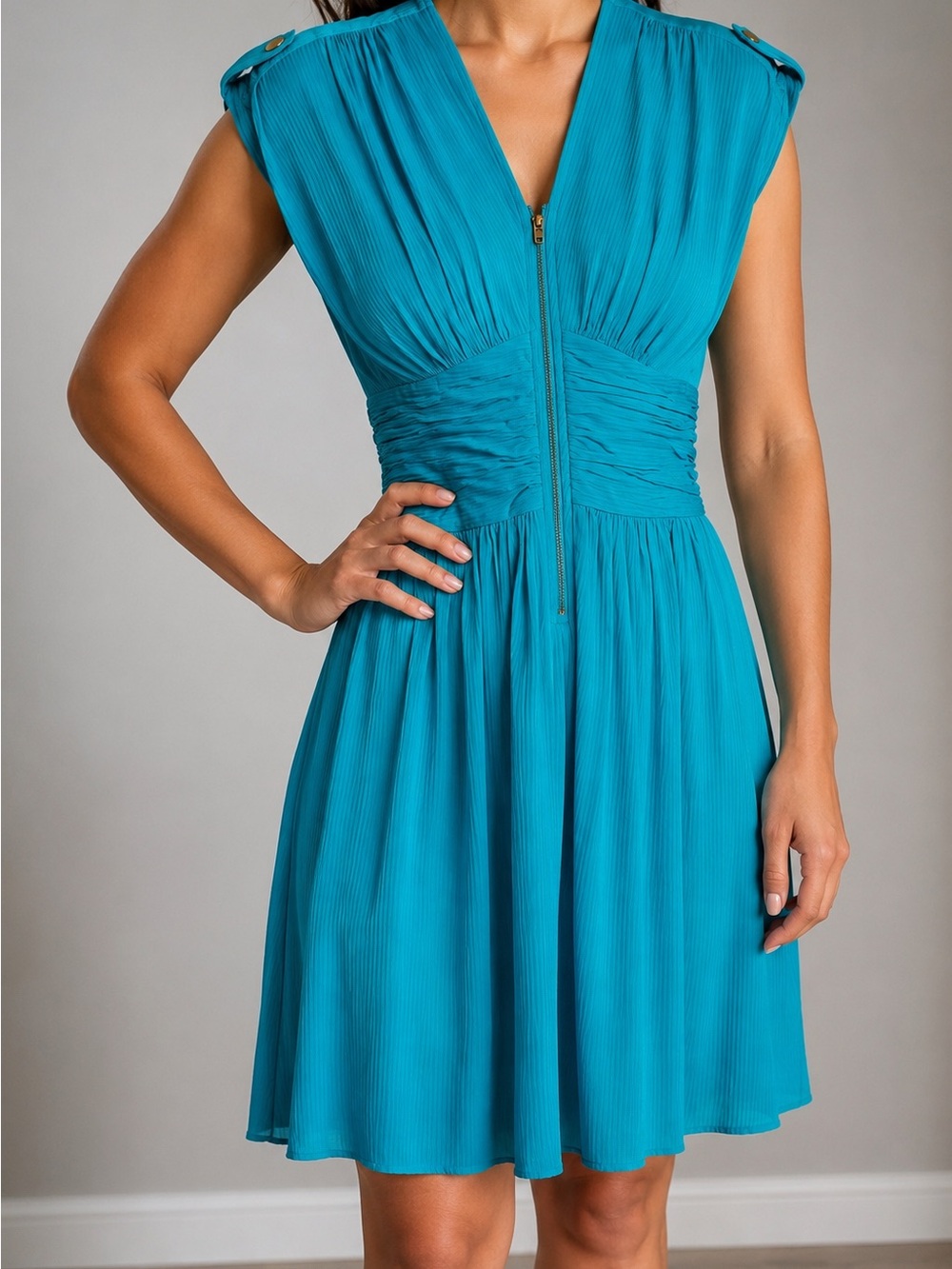 dressbarn Teal Zip-Front knee length V-Neck Tailored Dress